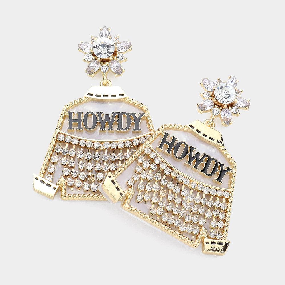 White HOWDY Message Rhinestone Embellished Western Jacket Dangle Earrings