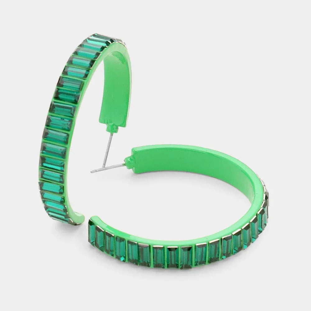 Green Baguette Cut Glass Crystal Hoop Earrings - Jewelry Store by Erik Rayo