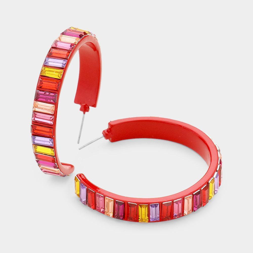 Red Baguette Cut Glass Crystal Hoop Earrings - Jewelry Store by Erik Rayo
