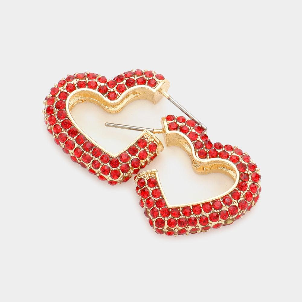 Red Rhinestone Embellished Metal Heart Hoop Earrings