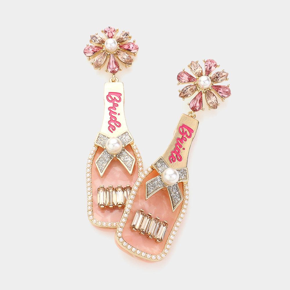 Pink Barbie Message Pearl Pointed Resin Champagne Dangle Earrings