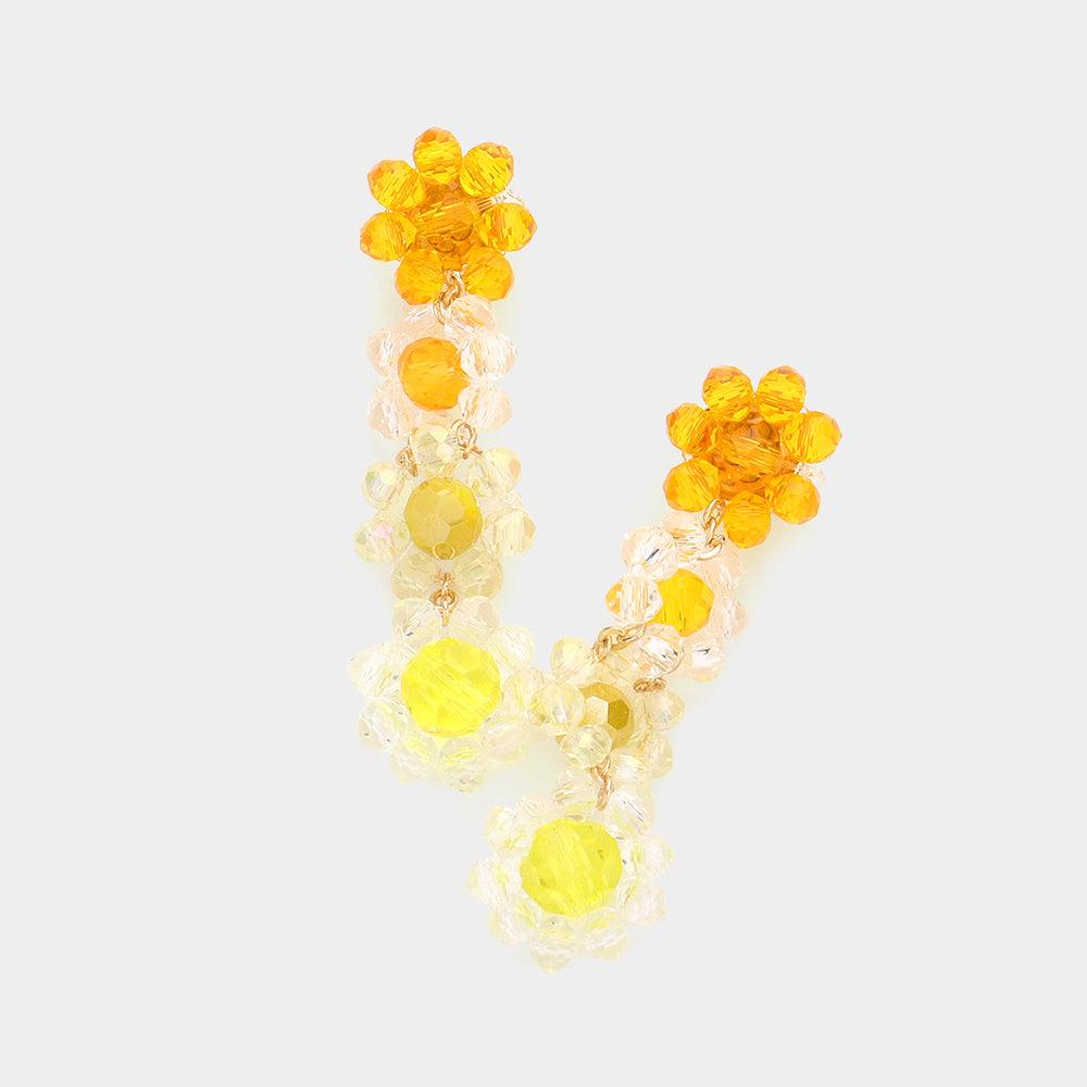 Yellow Faceted Beaded Flower Link Dangle Earrings