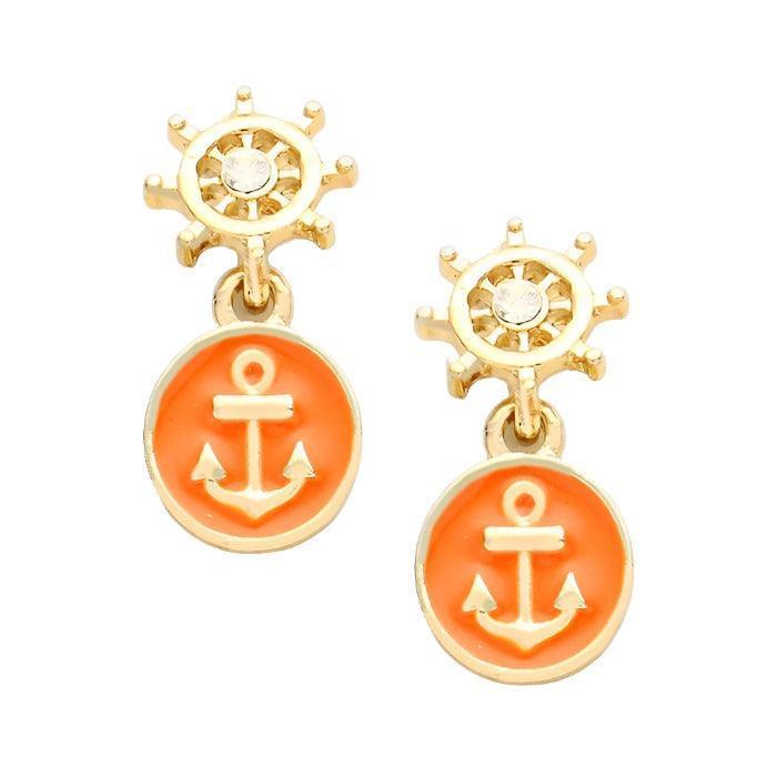 Orange Enamel Anchor Drop Earrings - Jewelry Store by Erik Rayo