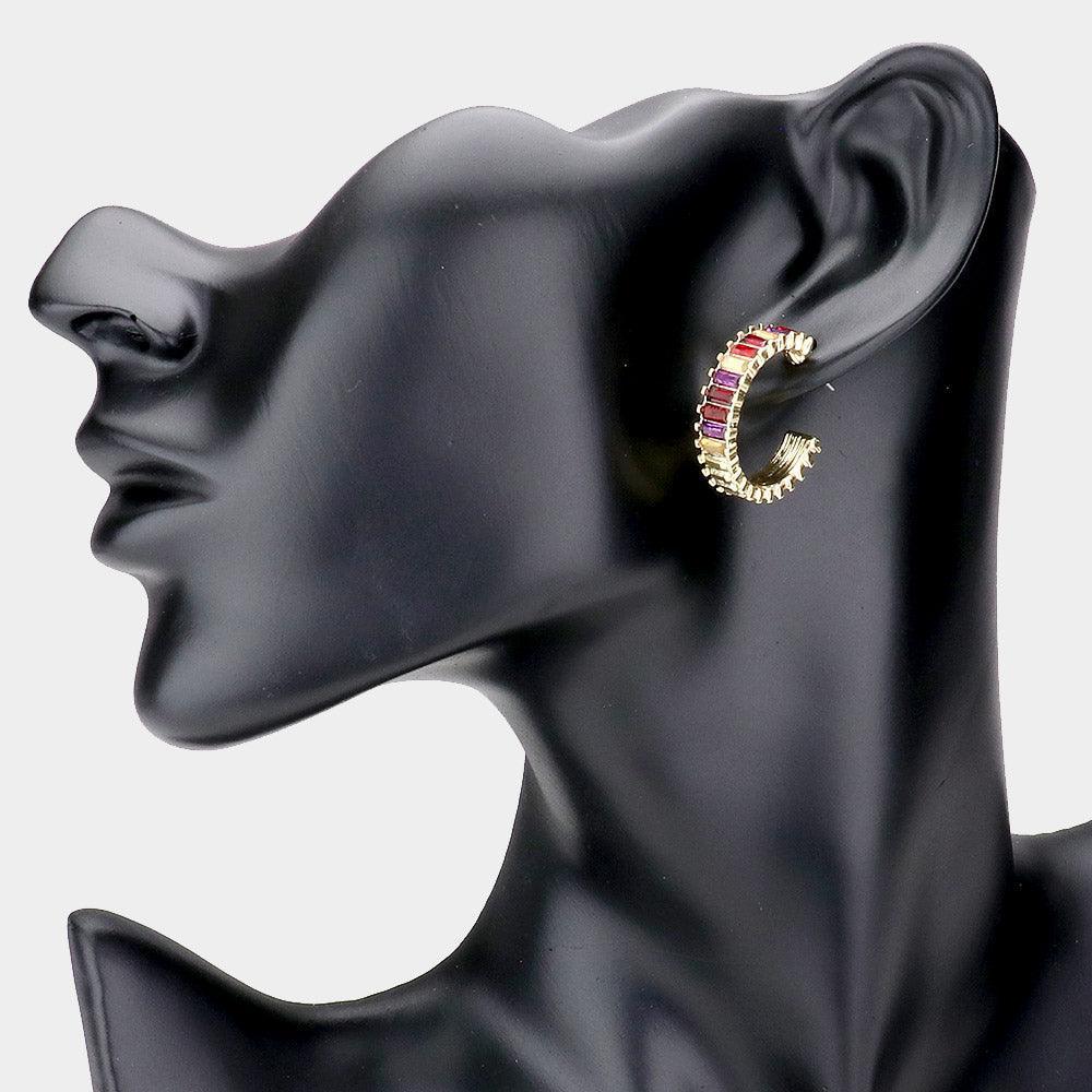 Red Rectangle Stone Embellished Half Hoop Earrings - Jewelry Store by Erik Rayo
