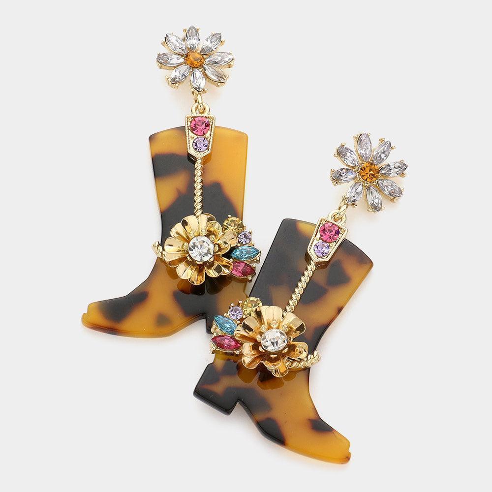 Flower Embellished Celluloid Acetate Western Boots Dangle Earrings - Jewelry Store by Erik Rayo