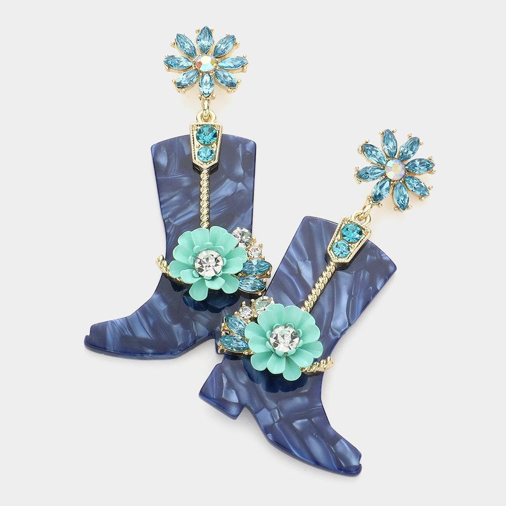 Blue Flower Embellished Celluloid Acetate Western Boots Dangle Earrings - Jewelry Store by Erik Rayo