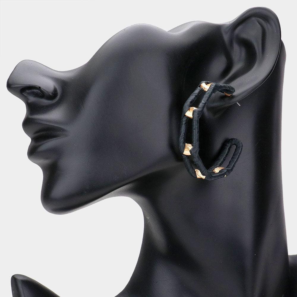 Black Raffia Wrapped Open Metal Oval Link Half Hoop Earrings - Jewelry Store by Erik Rayo