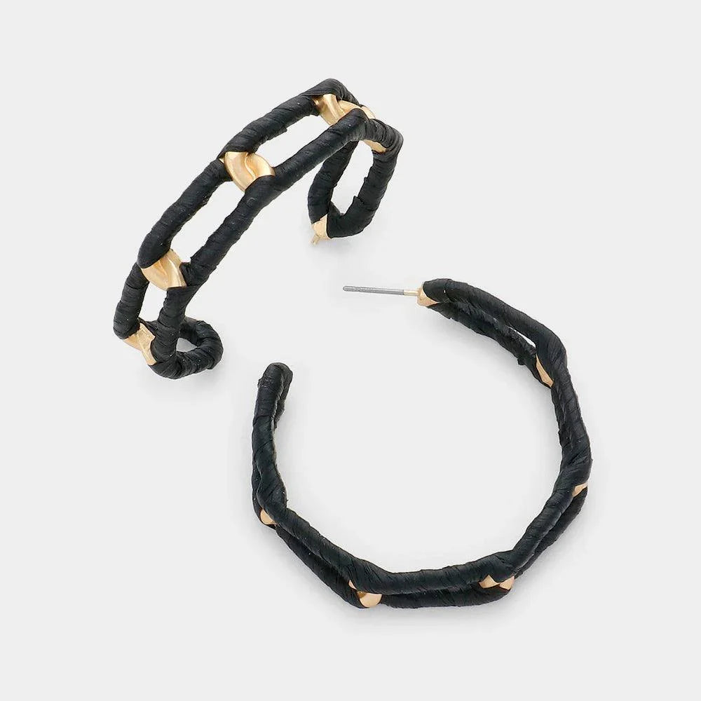 Black Raffia Wrapped Open Metal Oval Link Half Hoop Earrings - Jewelry Store by Erik Rayo