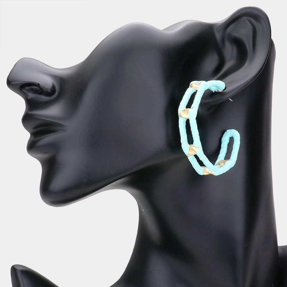 Gold Raffia Wrapped Open Metal Oval Link Half Hoop Earrings - Jewelry Store by Erik Rayo