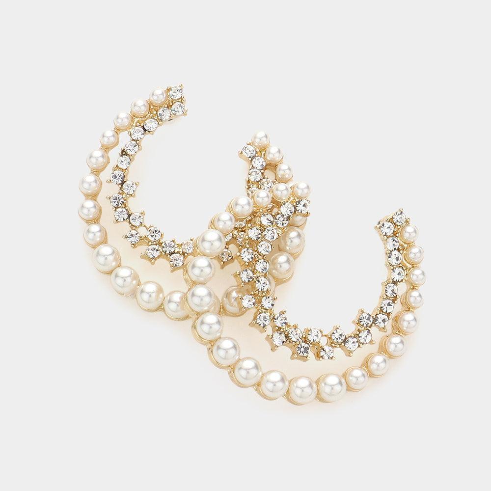 Gold Pearl Stone Embellished Split Hoop Earrings - Jewelry Store by Erik Rayo