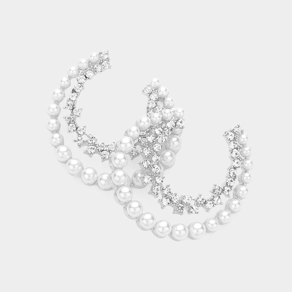 Silver Pearl Stone Embellished Split Hoop Earrings - Jewelry Store by Erik Rayo