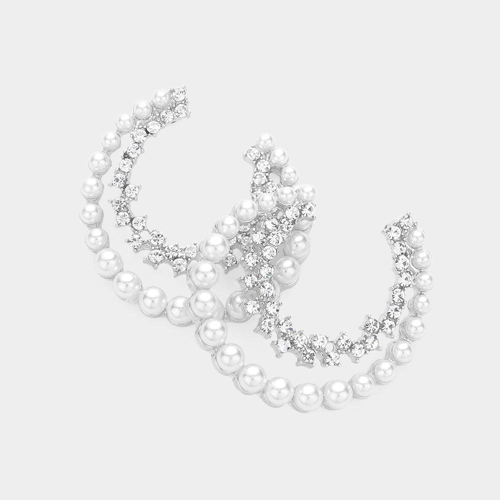 Silver Pearl Stone Embellished Split Hoop Earrings