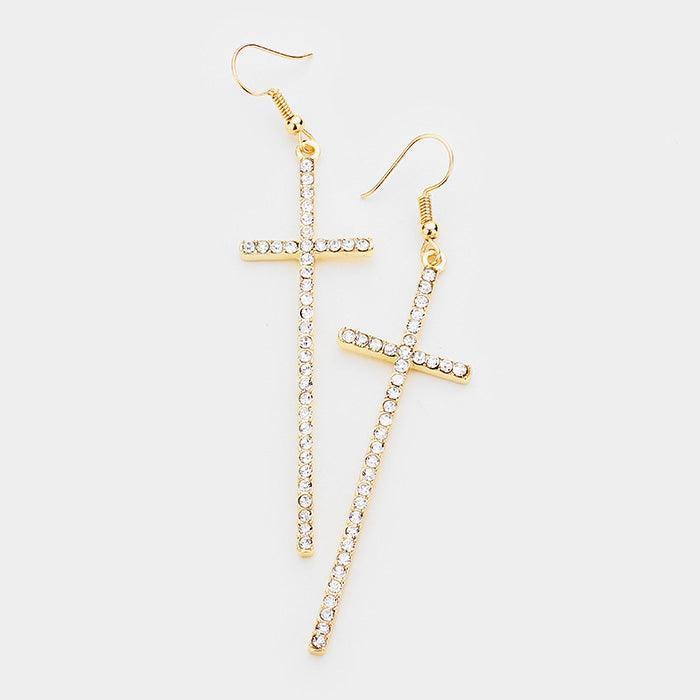 Gold Crystal Embellished Cross Dangle Earrings - Jewelry Store by Erik Rayo
