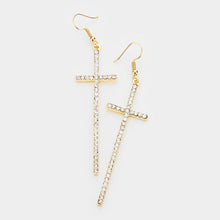 Load image into Gallery viewer, Gold Crystal Embellished Cross Dangle Earrings
