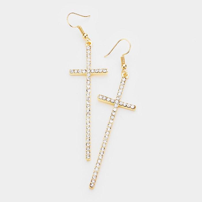 Gold Crystal Embellished Cross Dangle Earrings