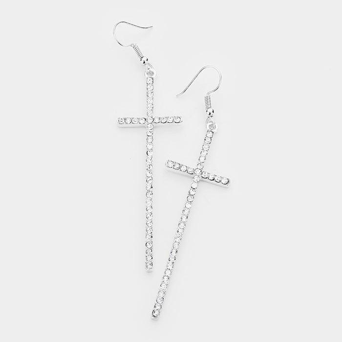 Clear Crystal Embellished Cross Dangle Earrings - Jewelry Store by Erik Rayo