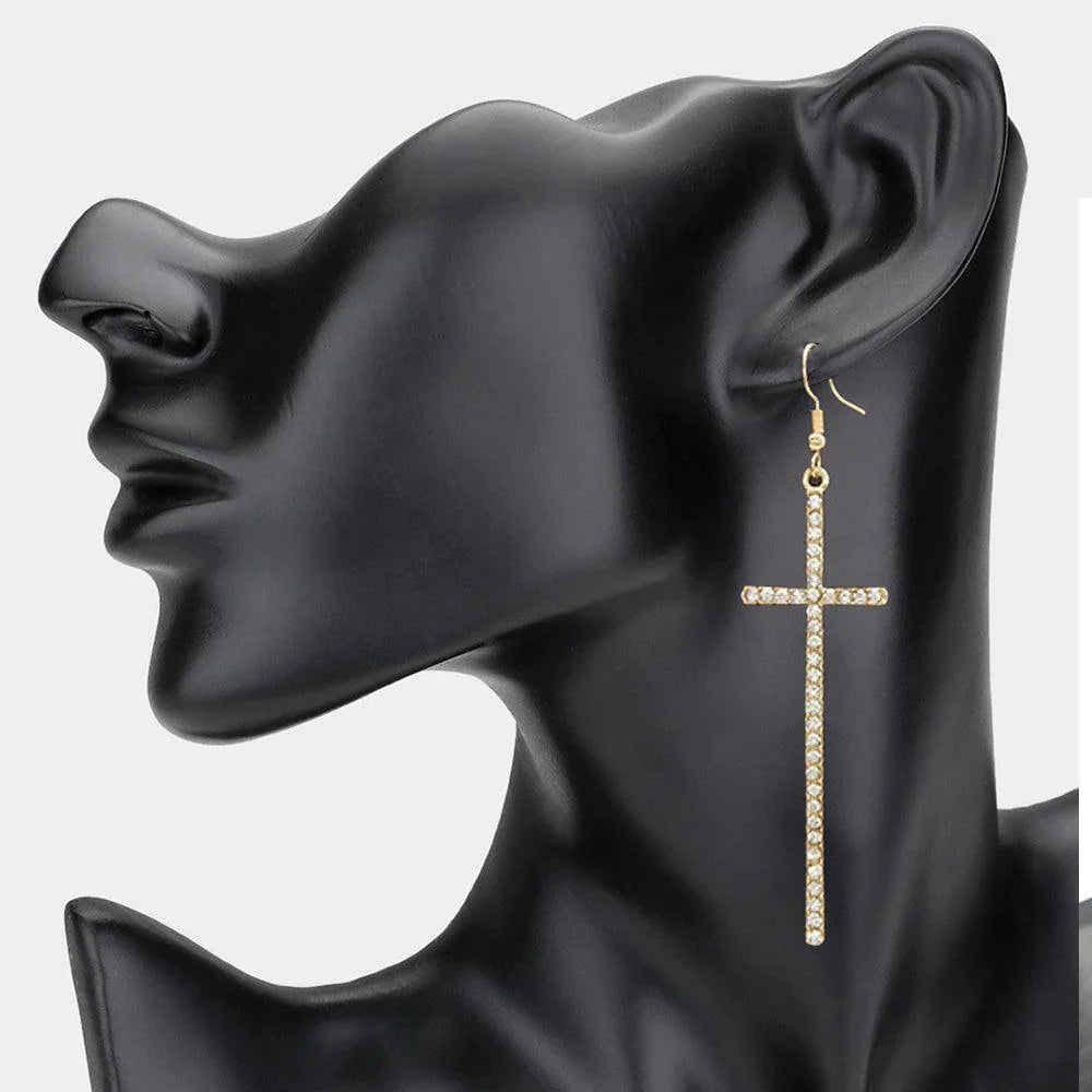 Gold Crystal Embellished Cross Dangle Earrings - Jewelry Store by Erik Rayo