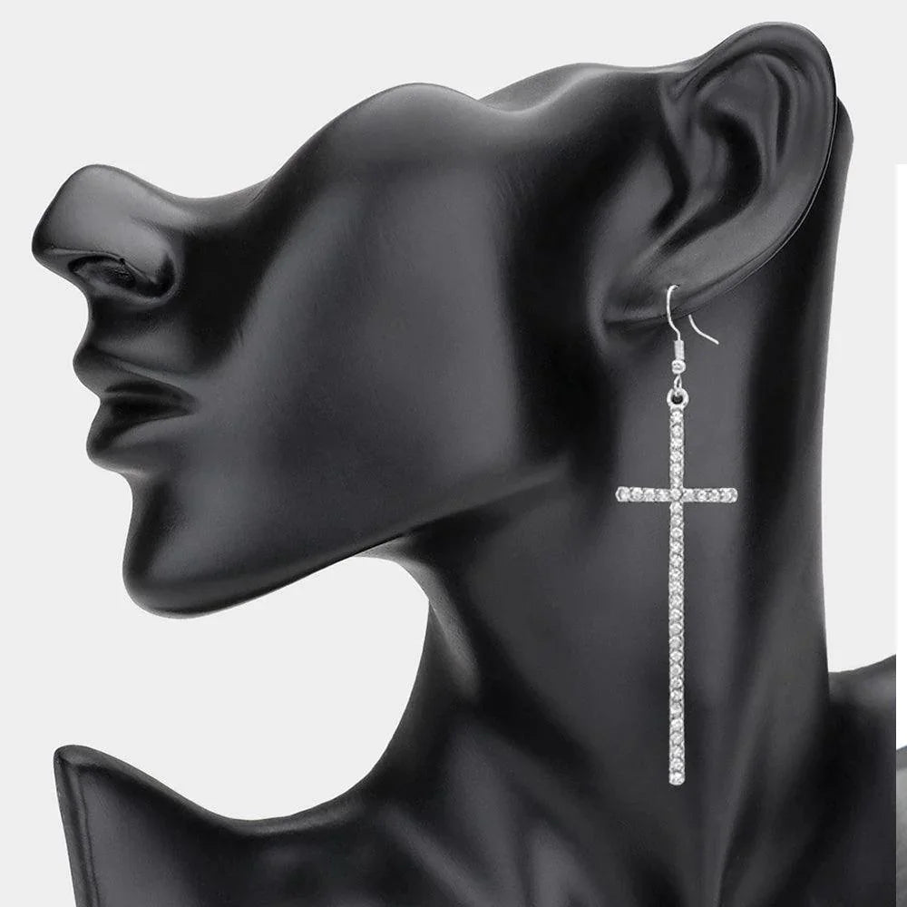 Clear Crystal Embellished Cross Dangle Earrings - Jewelry Store by Erik Rayo