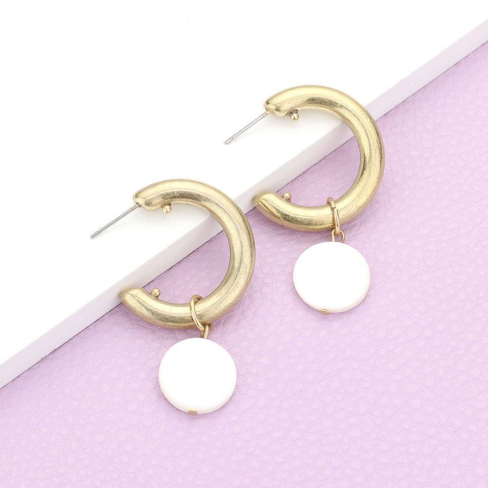 Metal Half Hoop Mother of Pearl Round Dangle Earrings - Jewelry Store by Erik Rayo