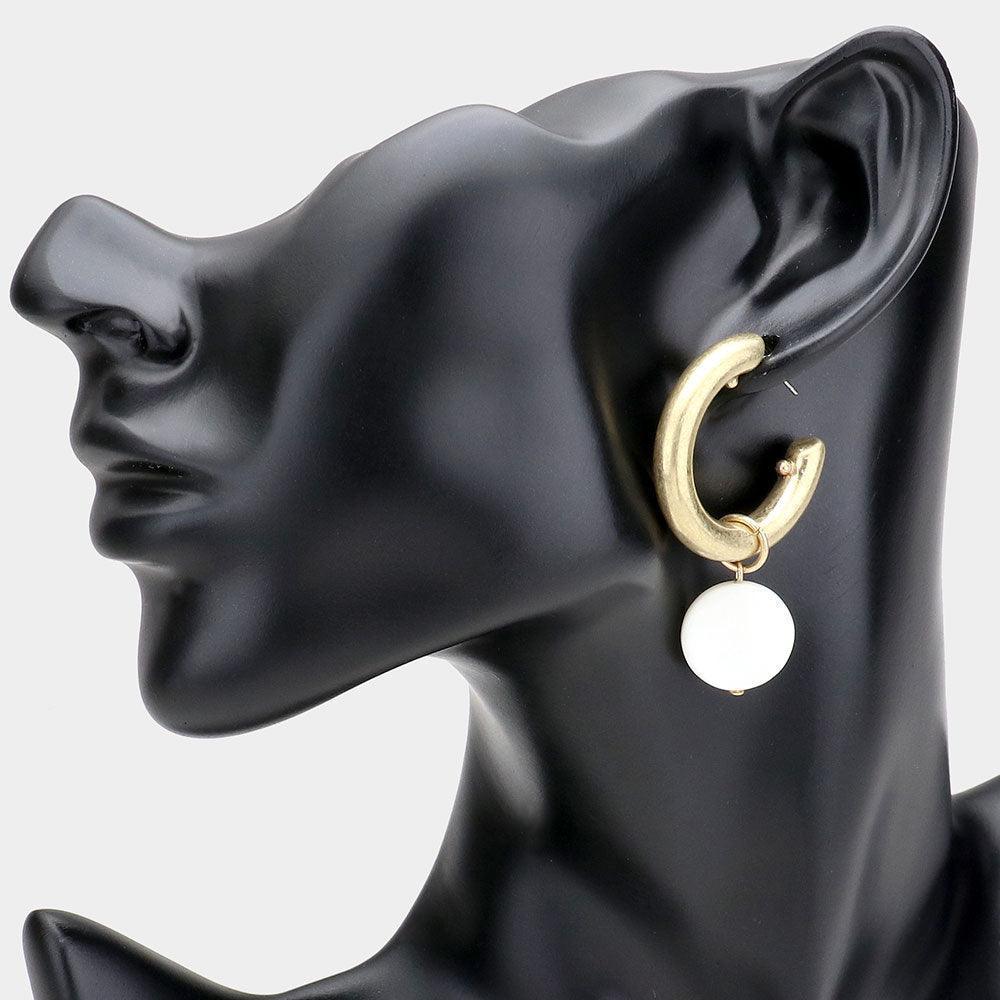 Metal Half Hoop Mother of Pearl Round Dangle Earrings - Jewelry Store by Erik Rayo