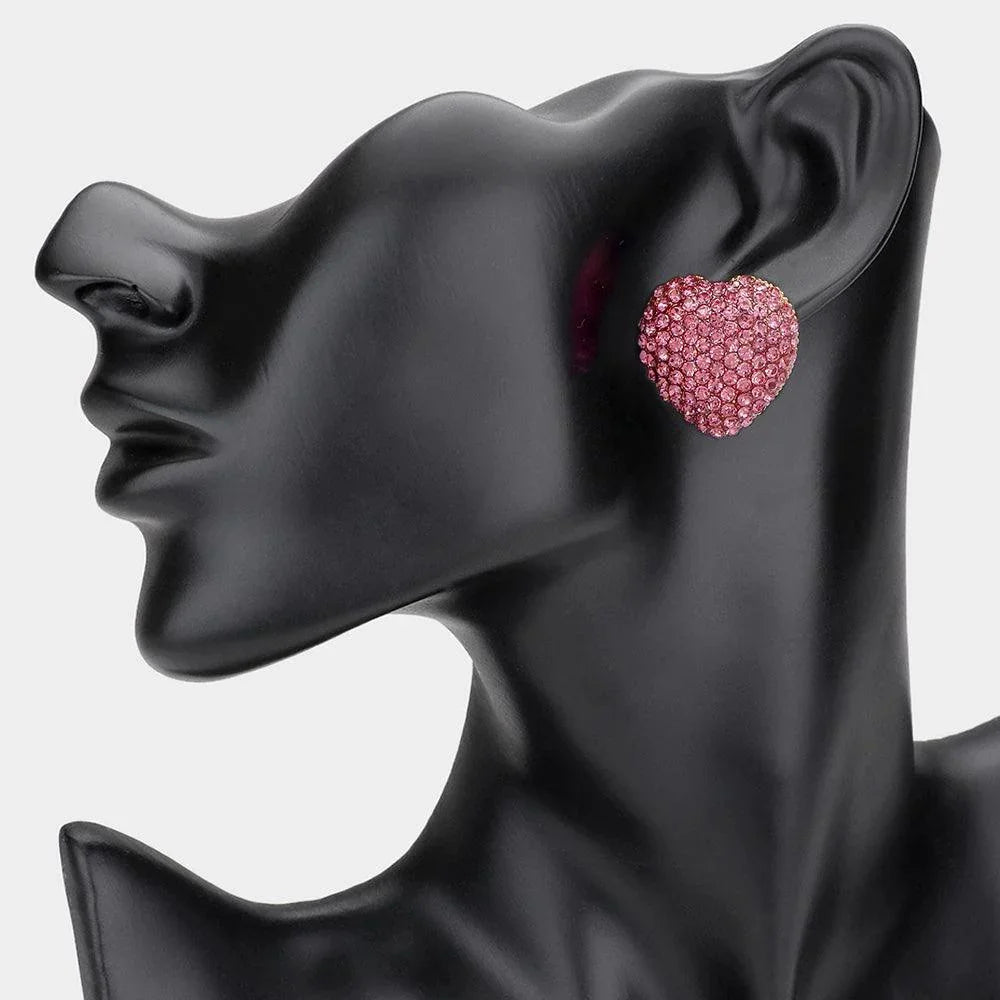 Pink Crystal Embellished Heart Stud Earrings - Jewelry Store by Erik Rayo