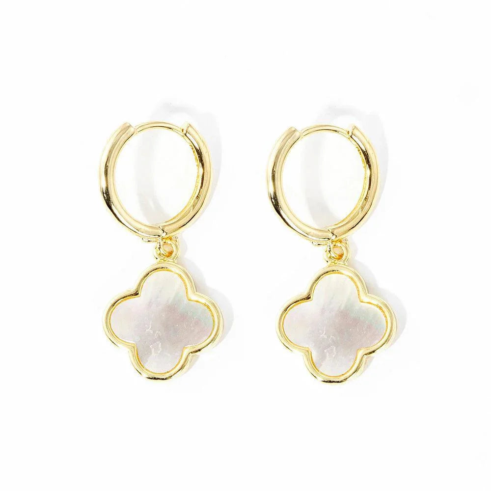 Gold Gold Dipped Mother of Pearl Quatrefoil Link Dangle Huggie Hoop Earrings - Jewelry Store by Erik Rayo