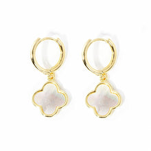 Load image into Gallery viewer, Gold Gold Dipped Mother of Pearl Quatrefoil  Link Dangle Huggie Hoop Earrings
