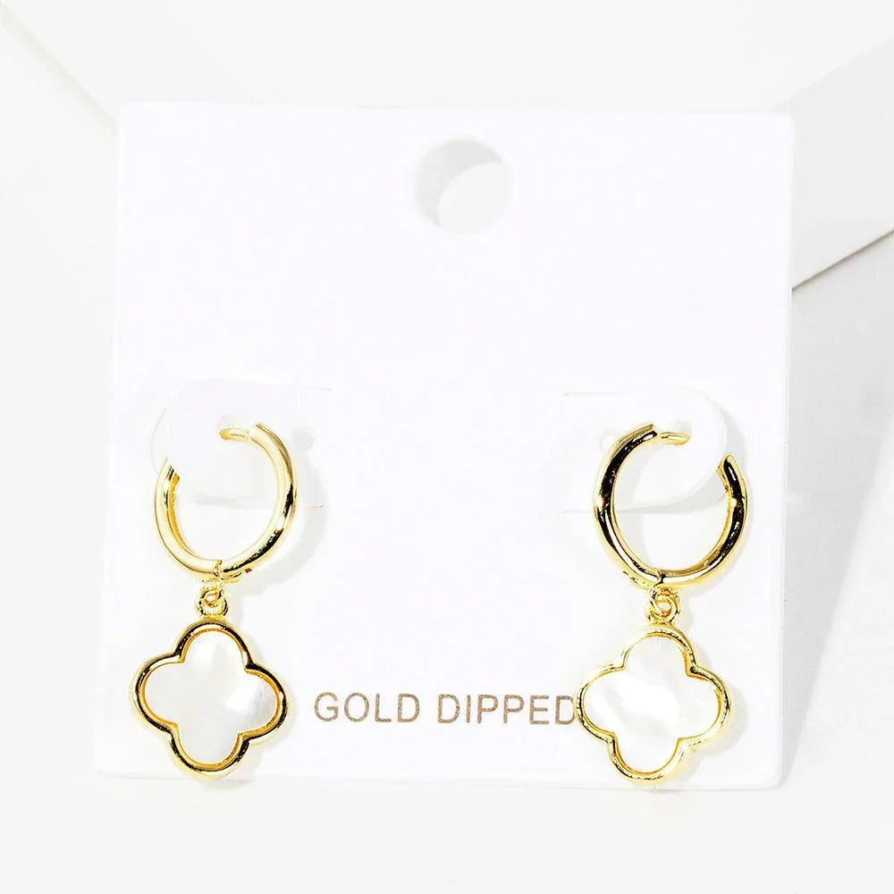 Gold Gold Dipped Mother of Pearl Quatrefoil Link Dangle Huggie Hoop Earrings - Jewelry Store by Erik Rayo