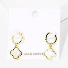 Load image into Gallery viewer, Gold Gold Dipped Mother of Pearl Quatrefoil  Link Dangle Huggie Hoop Earrings
