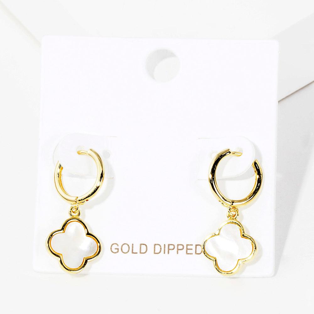 Gold Gold Dipped Mother of Pearl Quatrefoil  Link Dangle Huggie Hoop Earrings