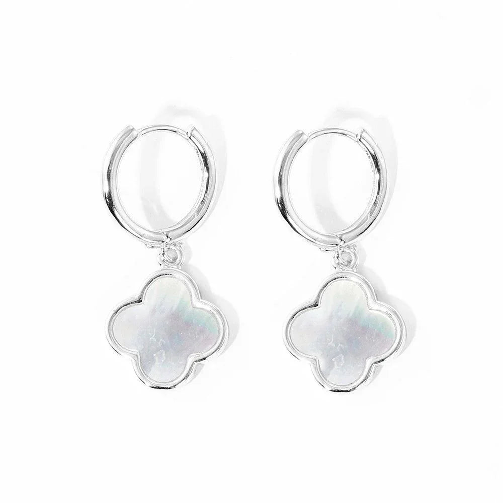Gold White Gold Dipped Mother of Pearl Quatrefoil Link Dangle Huggie Hoop Earrings - Jewelry Store by Erik Rayo