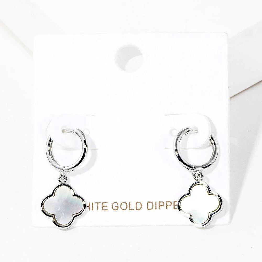 Gold White Gold Dipped Mother of Pearl Quatrefoil Link Dangle Huggie Hoop Earrings - Jewelry Store by Erik Rayo
