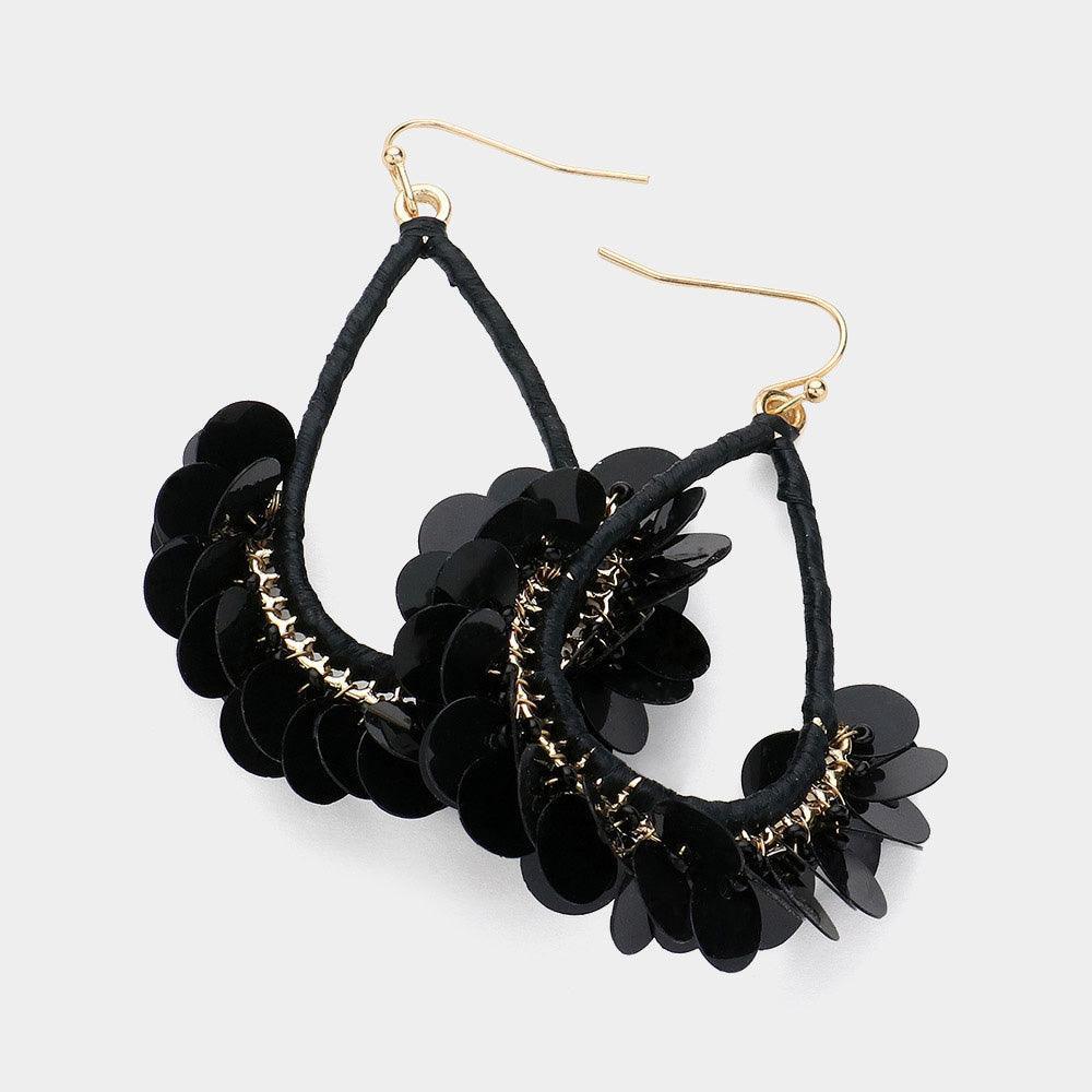 Black Sequin Cluster Open Teardrop Dangle Earrings - Jewelry Store by Erik Rayo