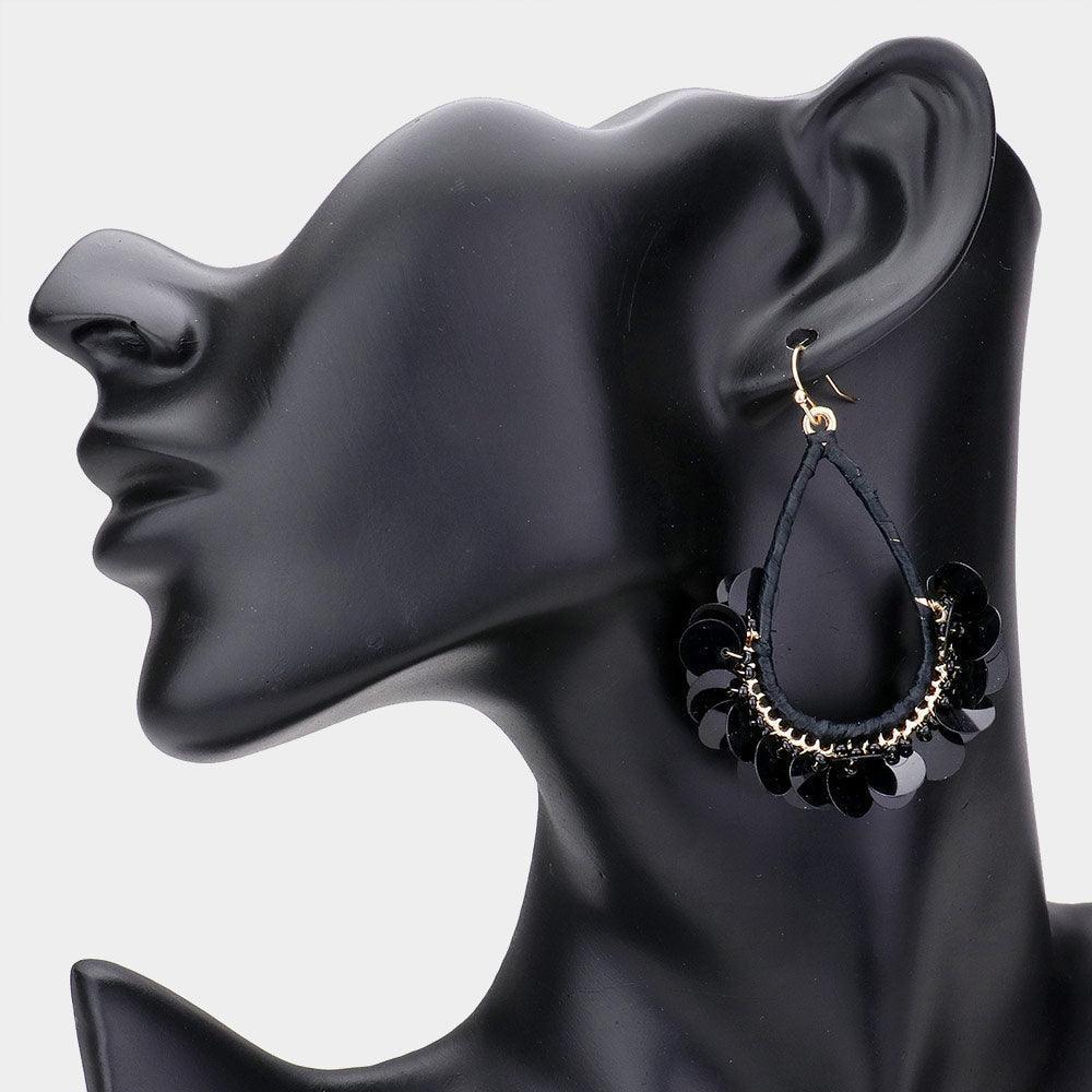 Black Sequin Cluster Open Teardrop Dangle Earrings - Jewelry Store by Erik Rayo