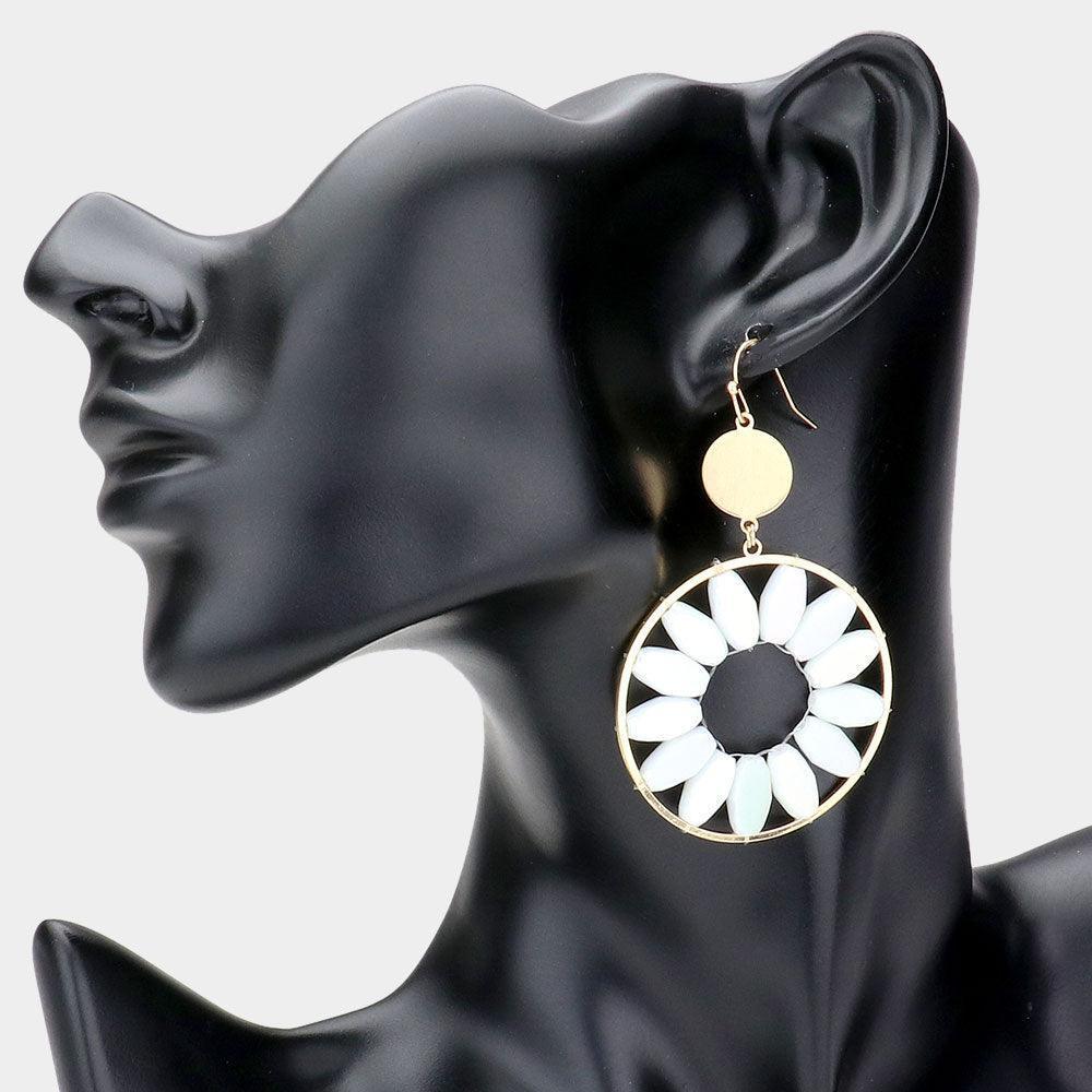 White Wrapped Bead Open Metal Circle Dangle Earrings - Jewelry Store by Erik Rayo