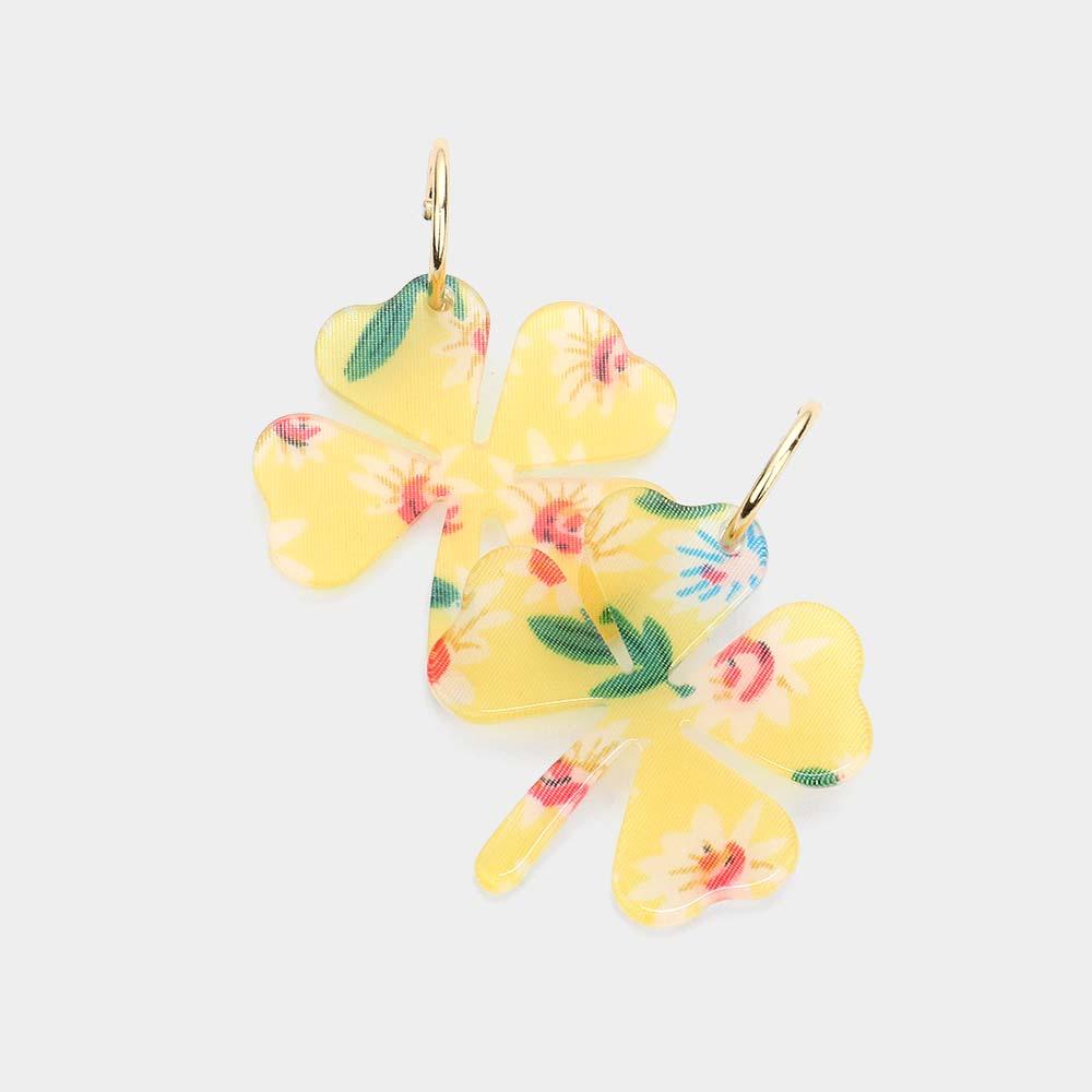 Yellow Flower Patterned Resin Clover Dangle Earrings