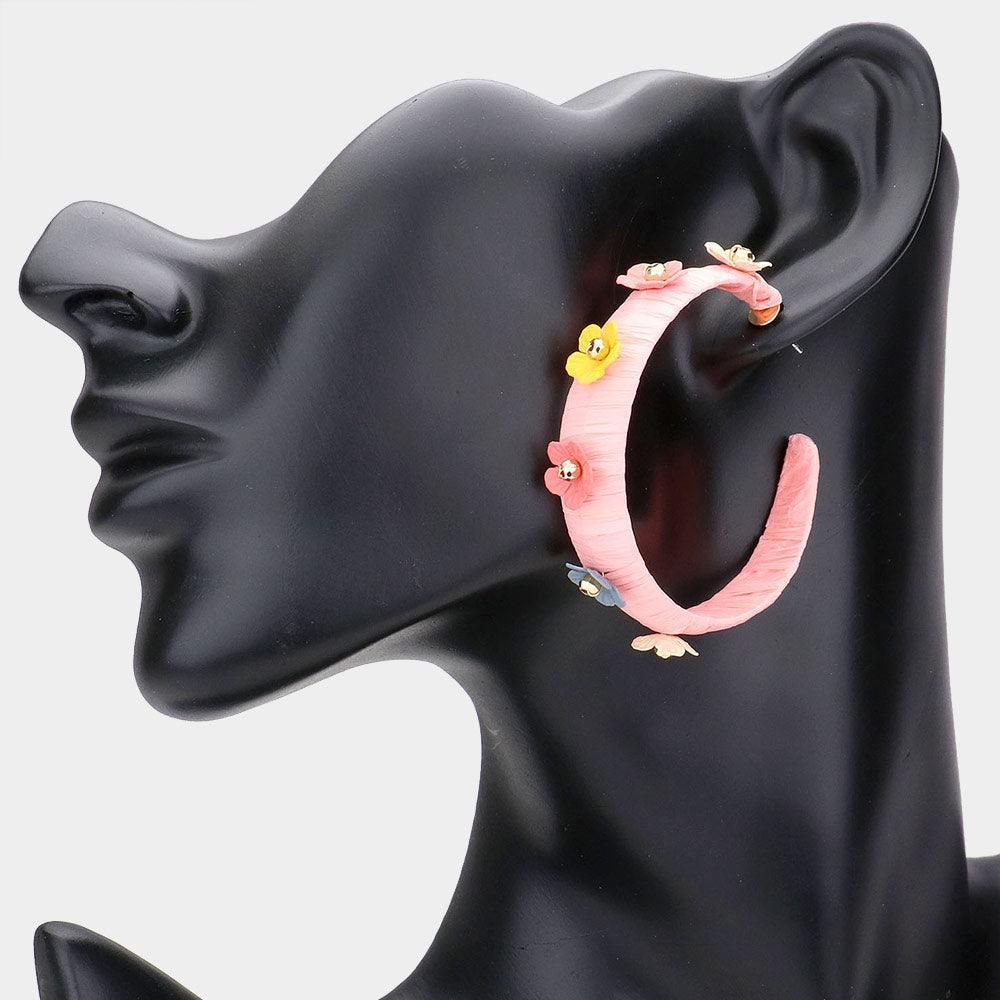 Pink Flower Embellished Raffia Wrapped Half Hoop Earrings - Jewelry Store by Erik Rayo