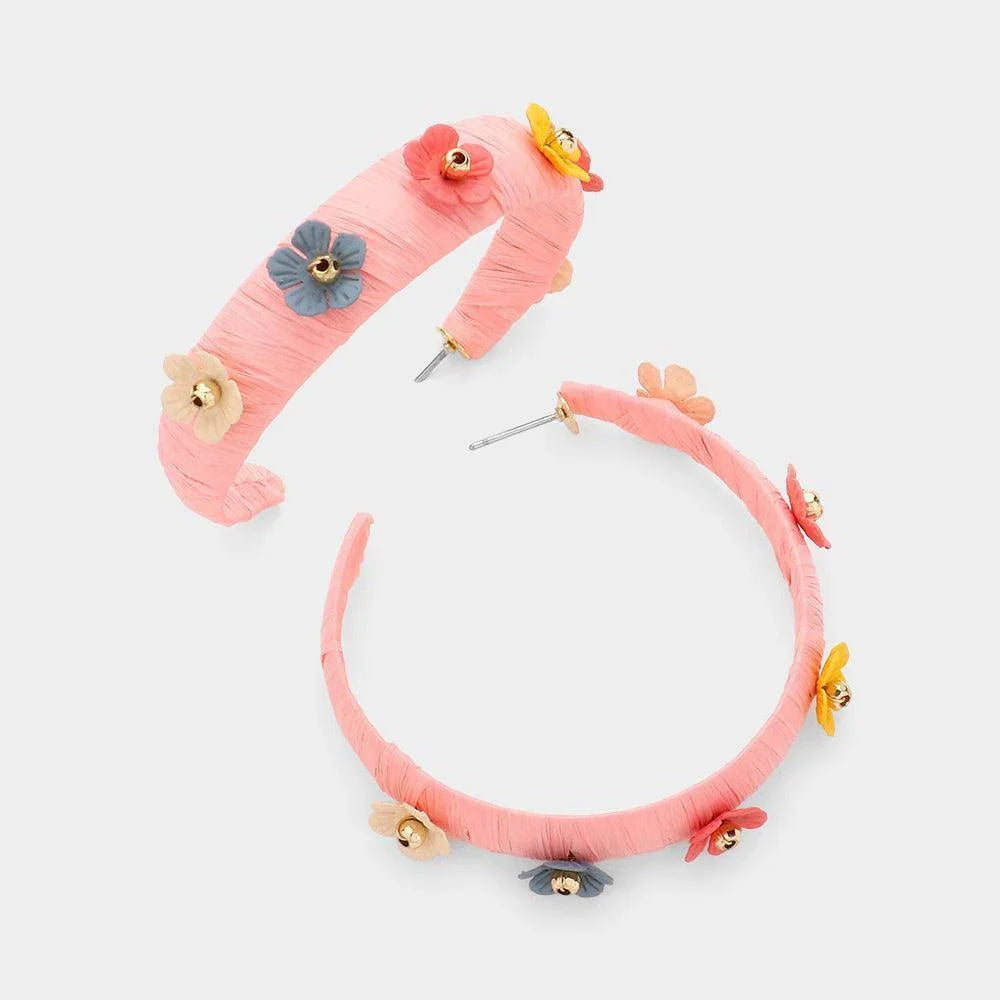 Pink Flower Embellished Raffia Wrapped Half Hoop Earrings - Jewelry Store by Erik Rayo