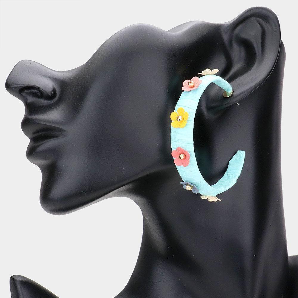 Gold Flower Embellished Raffia Wrapped Half Hoop Earrings - Jewelry Store by Erik Rayo