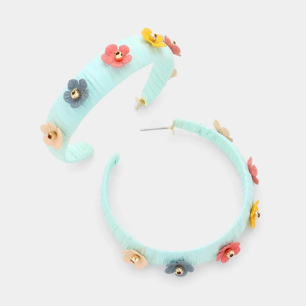 Gold Flower Embellished Raffia Wrapped Half Hoop Earrings - Jewelry Store by Erik Rayo