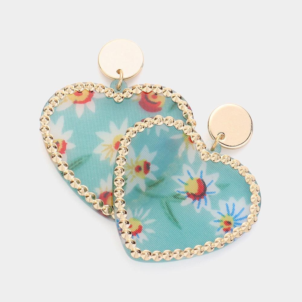 Blue Flower Patterned Resin Heart Dangle Earrings - Jewelry Store by Erik Rayo