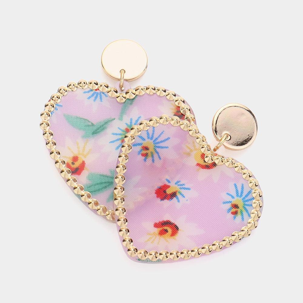 Flower Patterned Resin Heart Dangle Earrings - Jewelry Store by Erik Rayo