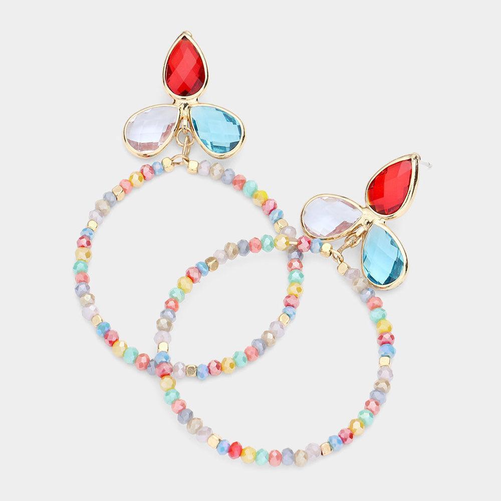 Triple Teardrop Accented Faceted Beaded Open Circle Dangle Earrings - Jewelry Store by Erik Rayo