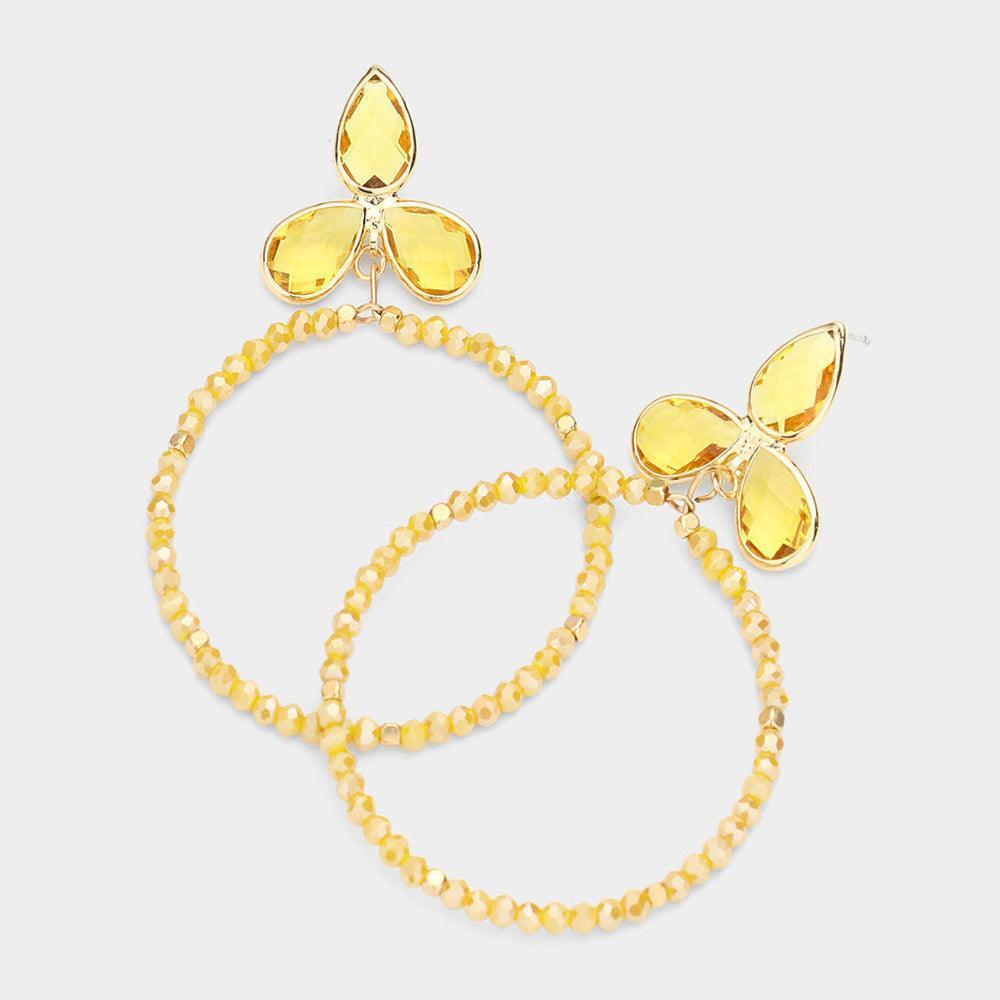 Mustard Triple Teardrop Accented Faceted Beaded Open Circle Dangle Earrings - Jewelry Store by Erik Rayo