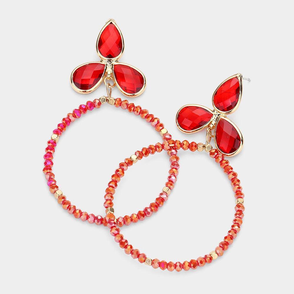 Red Triple Teardrop Accented Faceted Beaded Open Circle Dangle Earrings - Jewelry Store by Erik Rayo