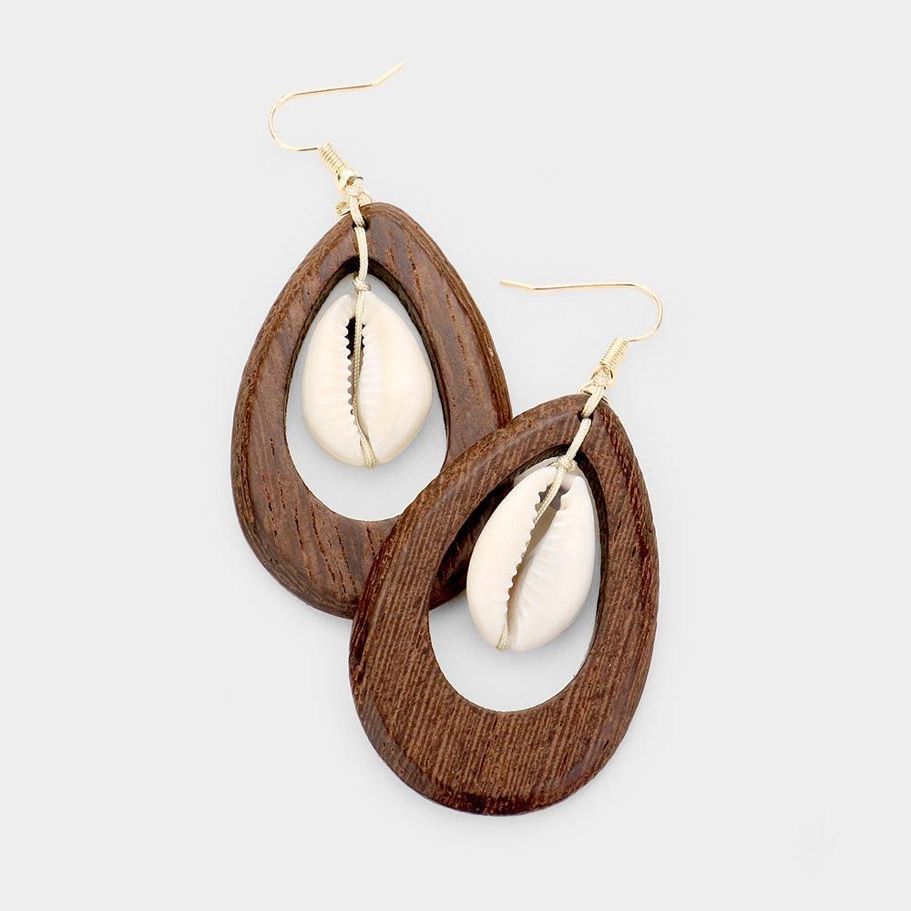 Gold Puka Shell Cut Out Teardrop Wood Dangle Earrings - Jewelry Store by Erik Rayo