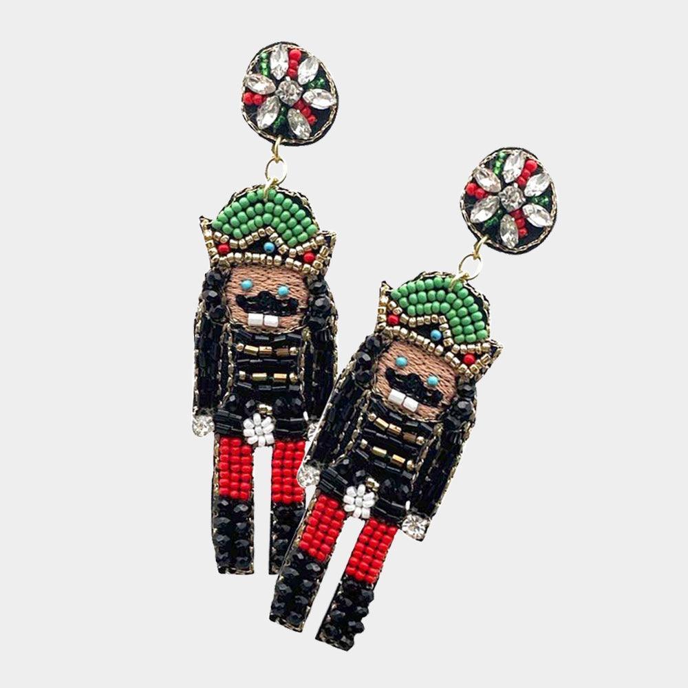 Black Felt Back Beaded Christmas Soldier Nutcracker Dangle Earrings - Jewelry Store by Erik Rayo