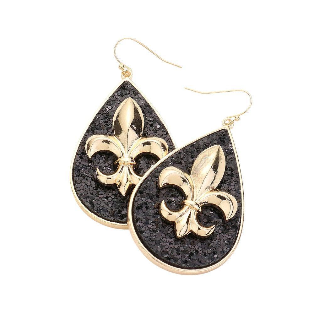 Black Fleur de Lis Sparkle Teardrop Dangle Earrings - Jewelry Store by Erik Rayo