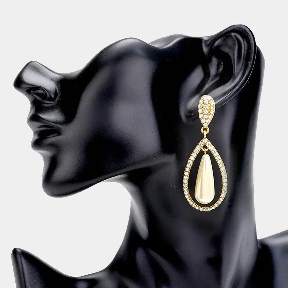 Cream Teardrop Pearl Rhinestone Pave Dangle Earrings - Jewelry Store by Erik Rayo