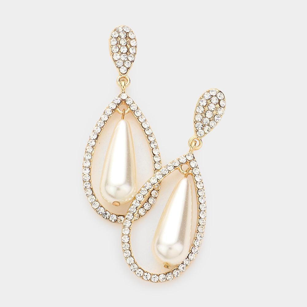 Cream Teardrop Pearl Rhinestone Pave Dangle Earrings - Jewelry Store by Erik Rayo
